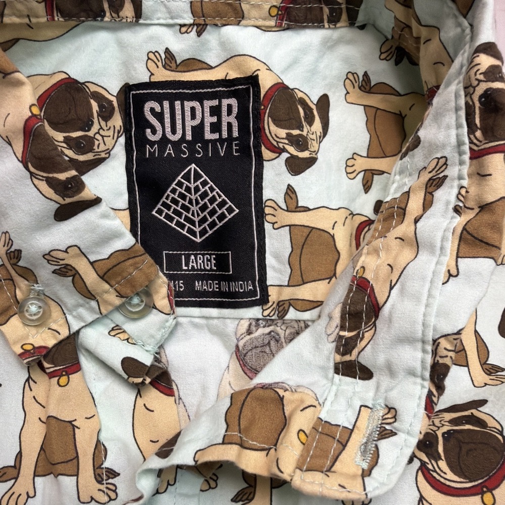 Super Massive Pug Dog Button Down Short Sleeve Novelty Shirt Men's Large - Picture 3 of 7
